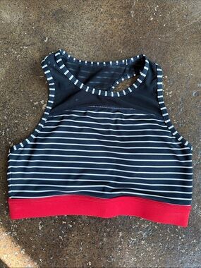 Mono B Navy & White Striped Sports Bra with Red Band